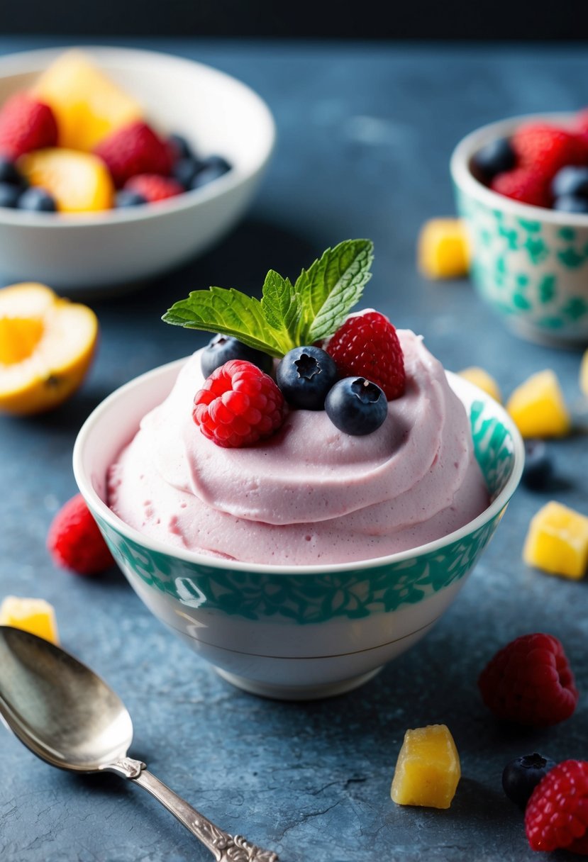 A bowl of frozen fruit whip topped with fresh berries and a sprig of mint, surrounded by scattered fruit pieces and a decorative spoon