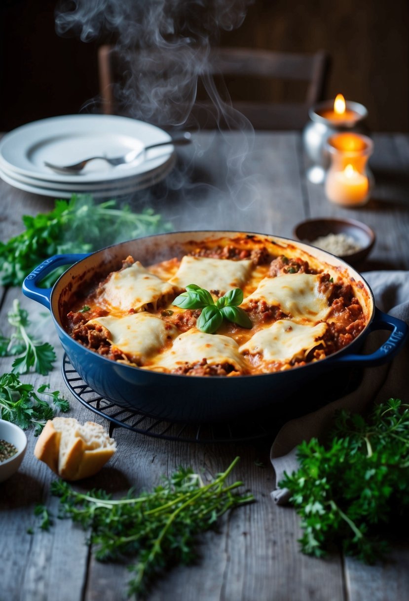 A steaming hot pan of classic beef lasagna, surrounded by fresh herbs and a rustic table setting