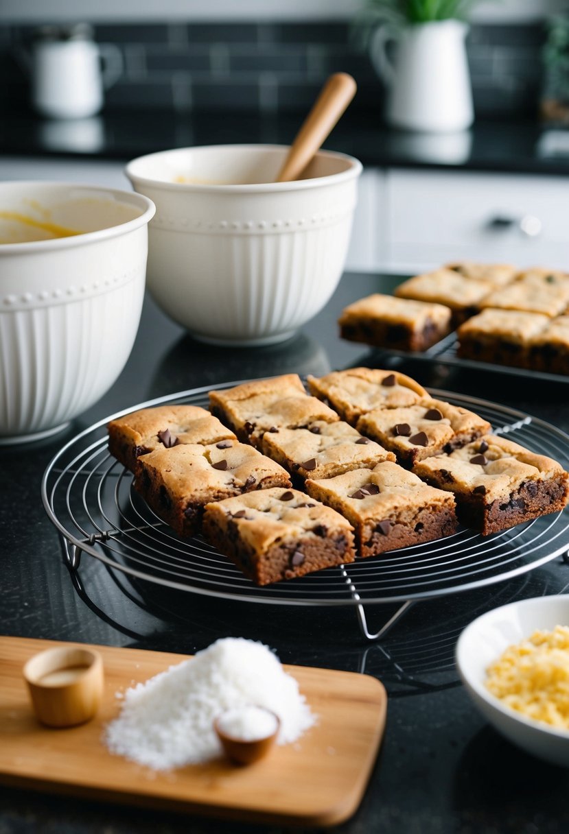 A kitchen counter with a mixing bowl, ingredients, and a freshly baked batch of chocolate chip blondies cooling on a wire rack