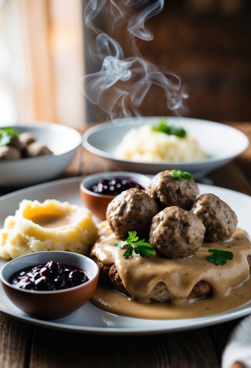 A table set with a steaming platter of Swedish meatballs, accompanied by a creamy gravy, lingonberry sauce, and a side of mashed potatoes