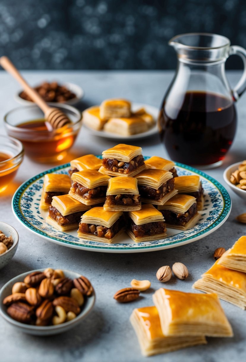 A table spread with assorted baklava bites on a decorative plate, surrounded by ingredients like honey, nuts, and phyllo dough