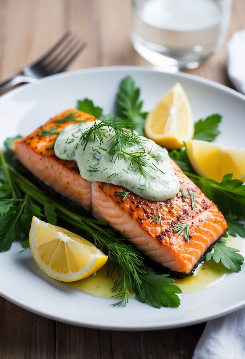 A succulent grilled salmon fillet topped with creamy dill sauce, surrounded by vibrant green herbs and lemon wedges on a white dinner plate