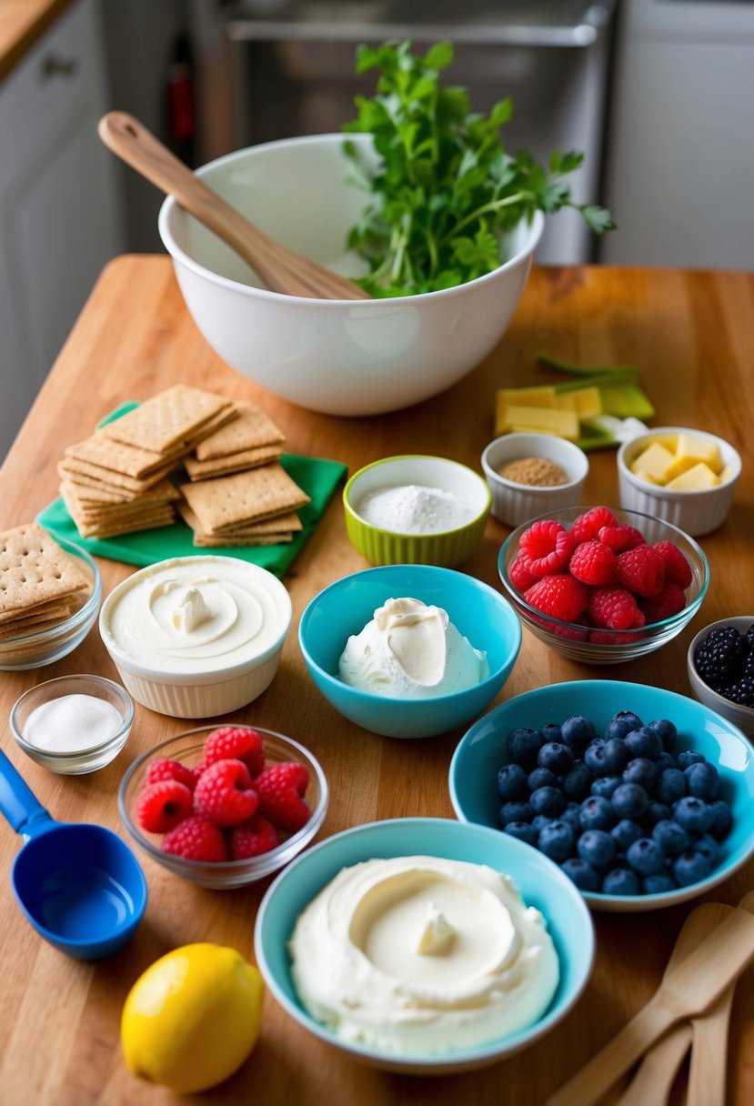 A colorful array of ingredients and utensils for making no-bake cheesecake, including cream cheese, graham crackers, berries, and a mixing bowl