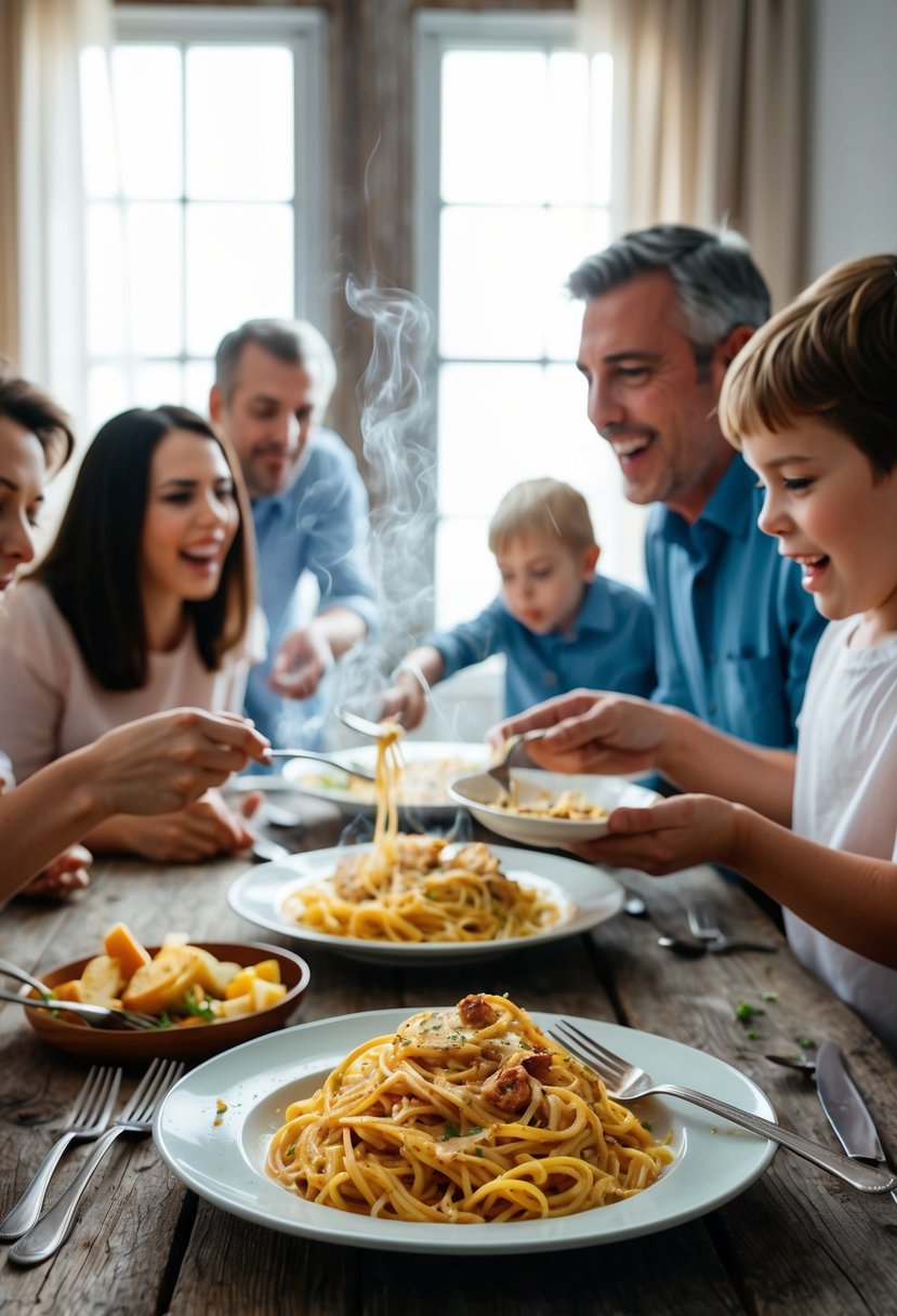 A steaming plate of Spaghetti Carbonara on a rustic wooden table, surrounded by a family of four eagerly reaching for their servings