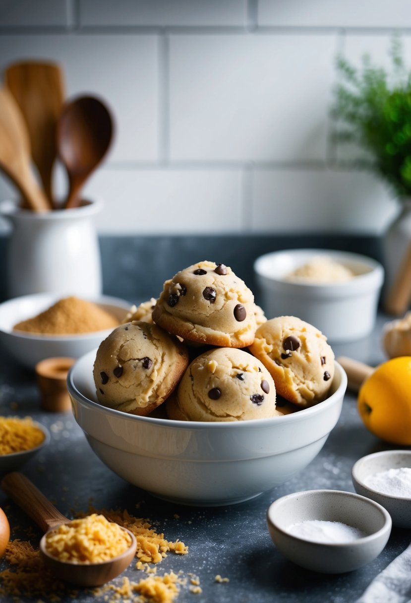 A bowl of cookie dough surrounded by ingredients and baking tools on a kitchen counter