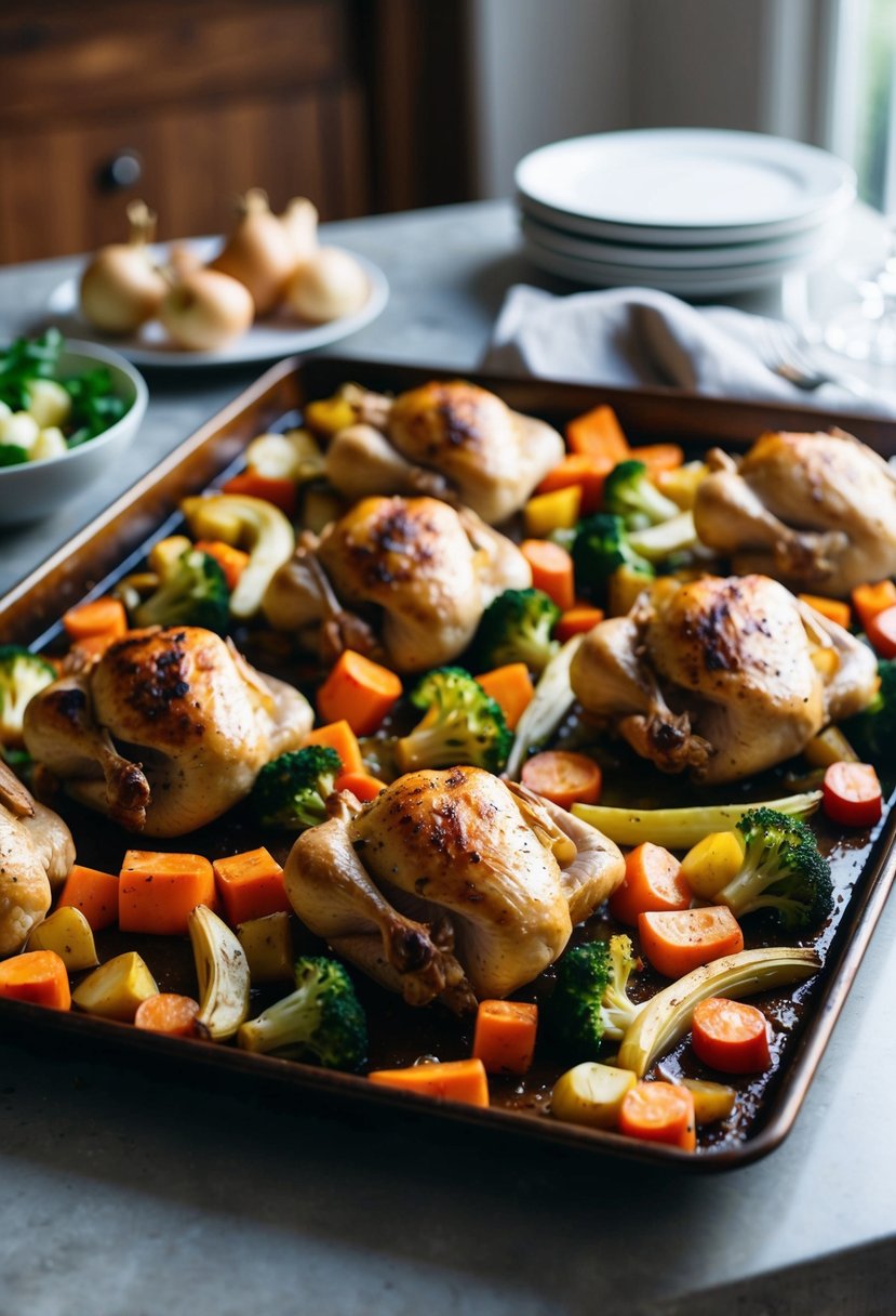 A sheet pan filled with roasted chicken and assorted vegetables, fresh from the oven, ready for a family dinner