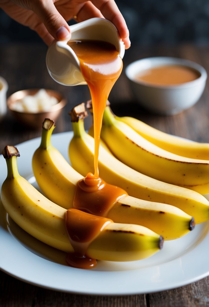 Ripe bananas being drizzled with warm caramel sauce