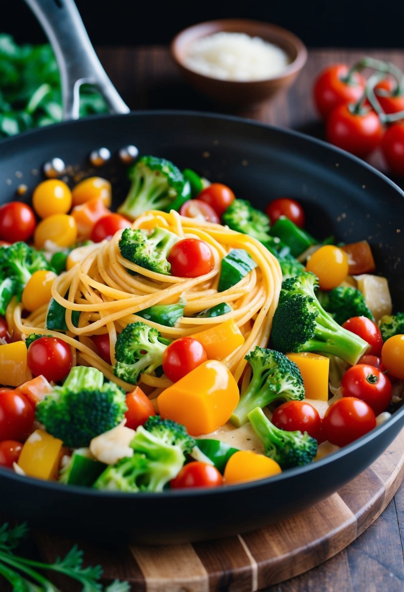 A colorful array of fresh vegetables, including bell peppers, broccoli, and cherry tomatoes, are being tossed in a creamy pasta sauce in a large skillet