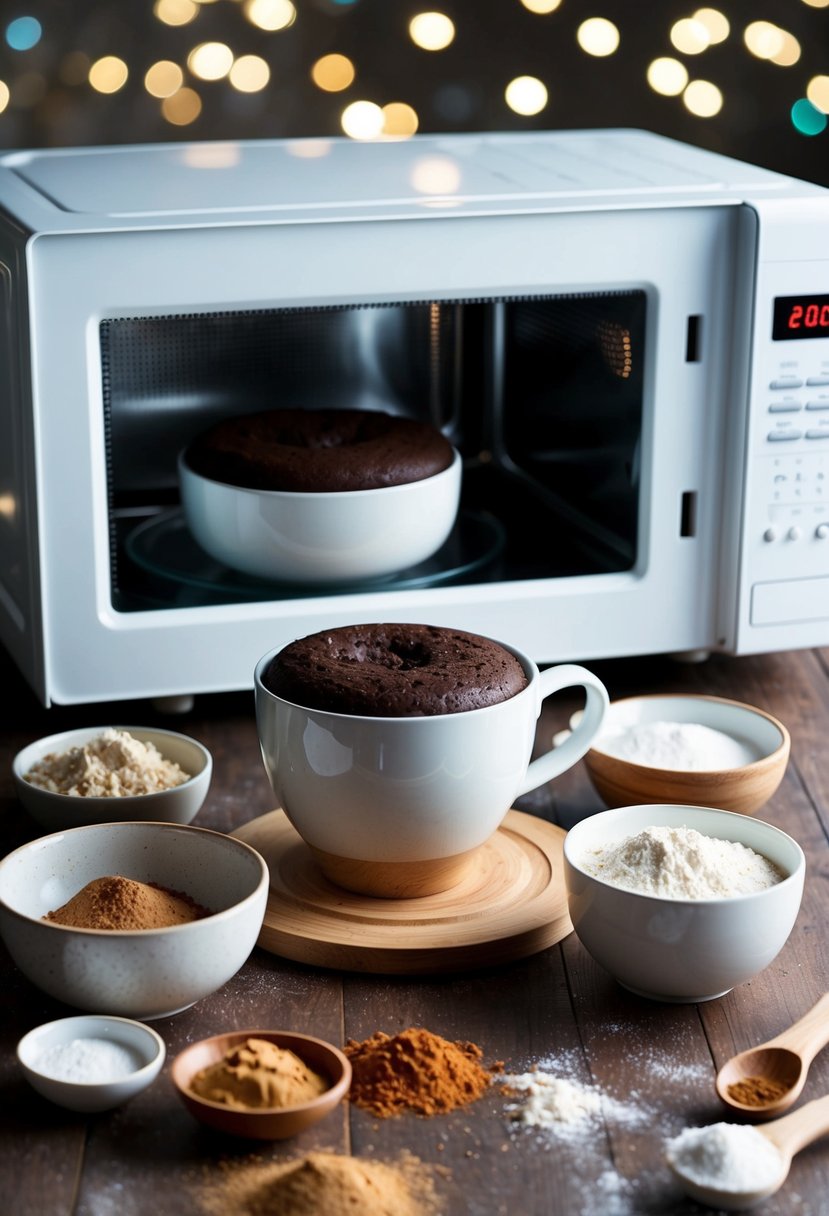 A microwave with a chocolate mug cake inside, surrounded by ingredients like flour, sugar, cocoa powder, and a mixing bowl