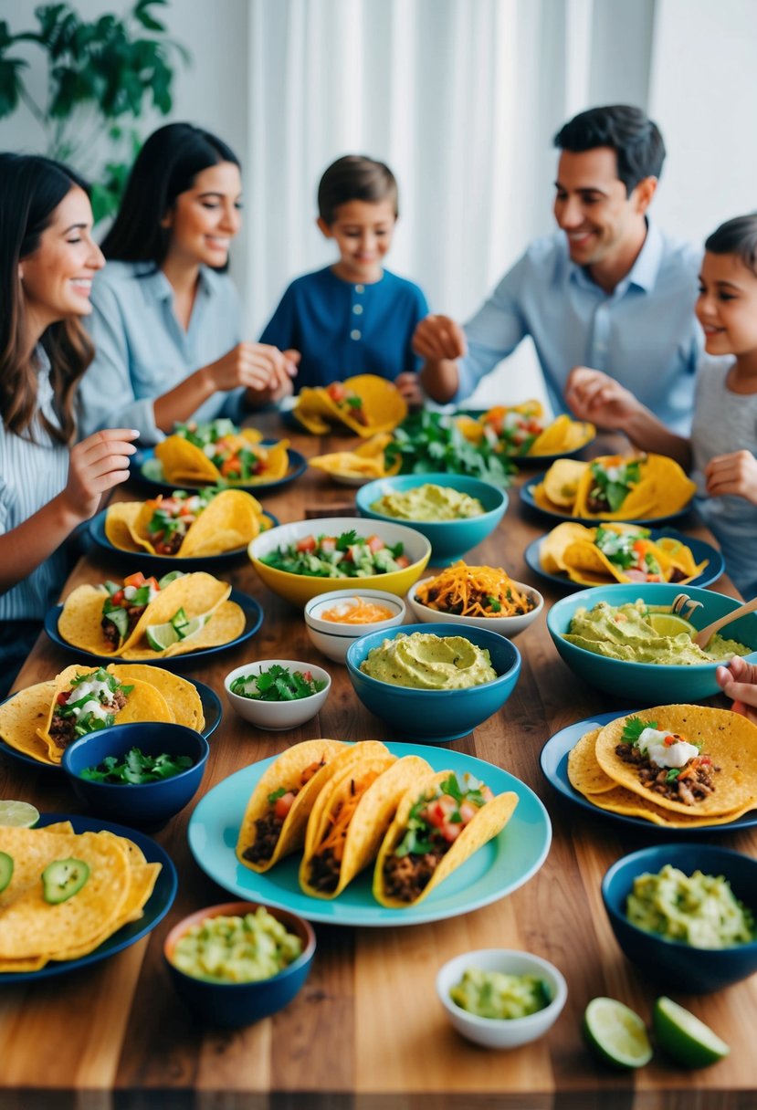 A table set with colorful tacos, bowls of fresh guacamole, and various toppings, surrounded by a family enjoying a homemade taco night dinner