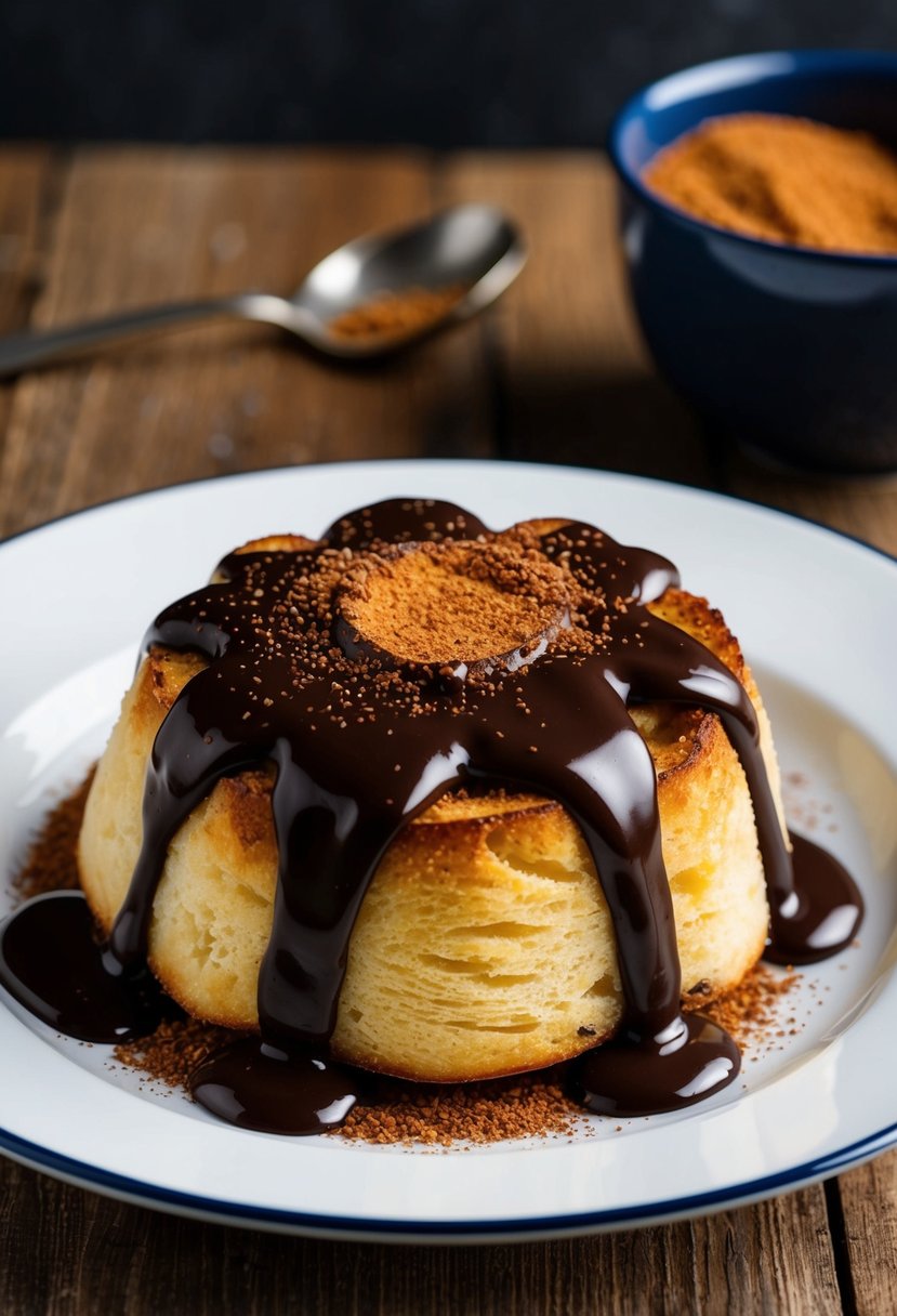 A rich, velvety bread pudding topped with dark chocolate sauce and sprinkled with cocoa powder