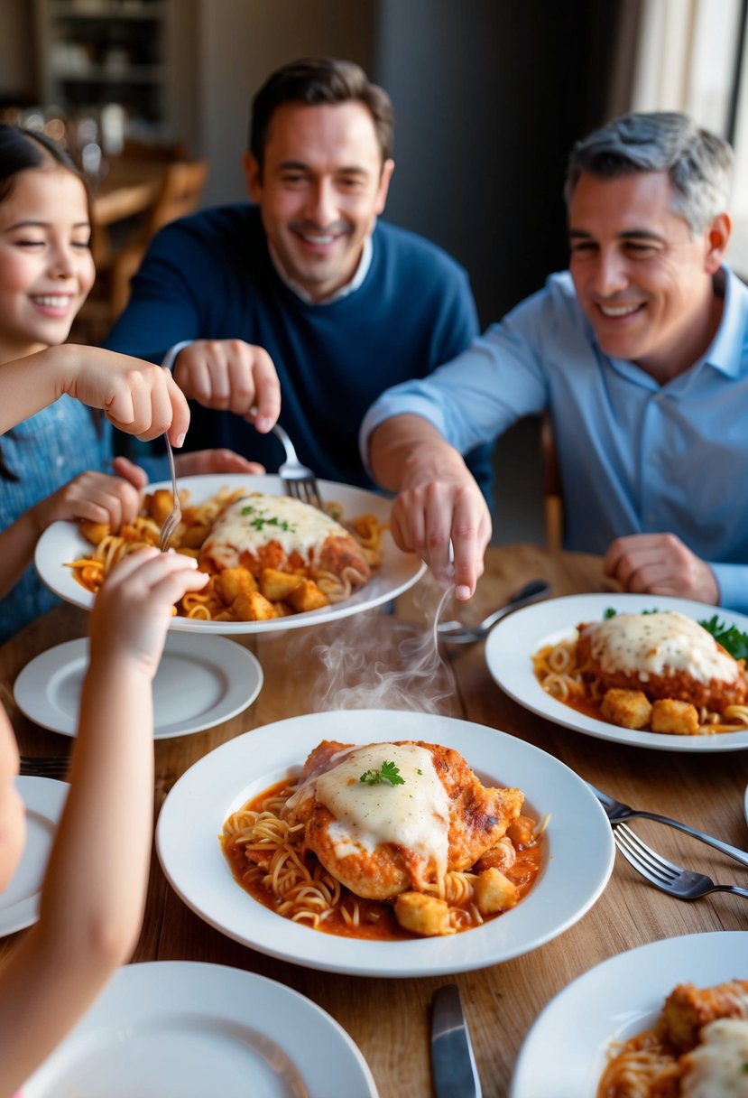 A table set with a steaming plate of Chicken Parmesan, surrounded by family members eagerly reaching for their share