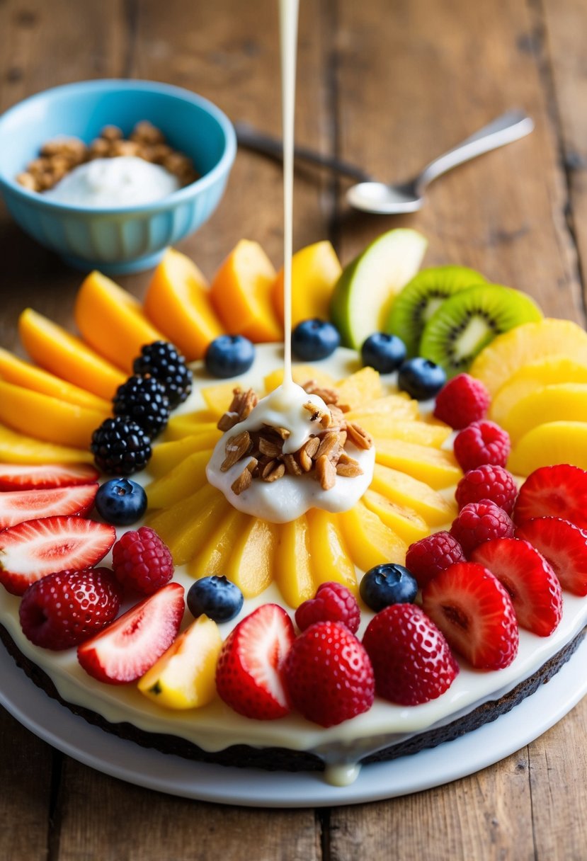 A colorful array of sliced fruits arranged on a round, flat dessert base, with a variety of toppings and a drizzle of glaze