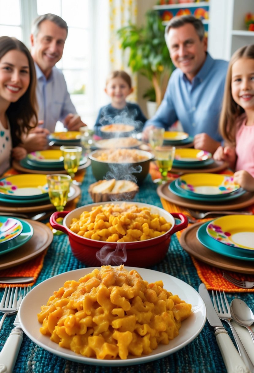 A cozy family dinner table with a steaming dish of butternut squash mac and cheese as the centerpiece, surrounded by smiling faces and colorful place settings