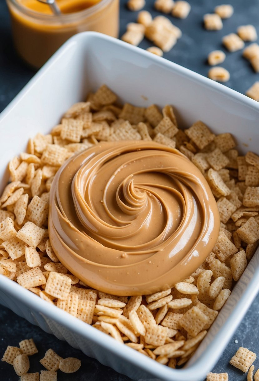 A bowl of melted peanut butter mixed with crispy rice cereal in a square baking dish, ready to be pressed down and set