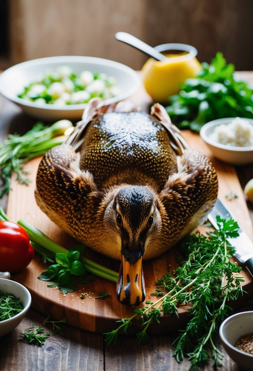 A duck being prepared for cooking, surrounded by fresh herbs and vegetables on a wooden cutting board