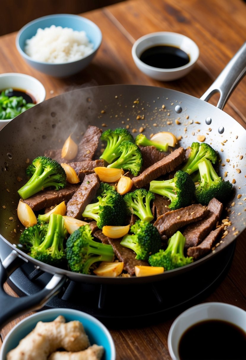 A sizzling wok filled with colorful broccoli, tender beef strips, and aromatic garlic and ginger, surrounded by bowls of rice and soy sauce on a wooden table