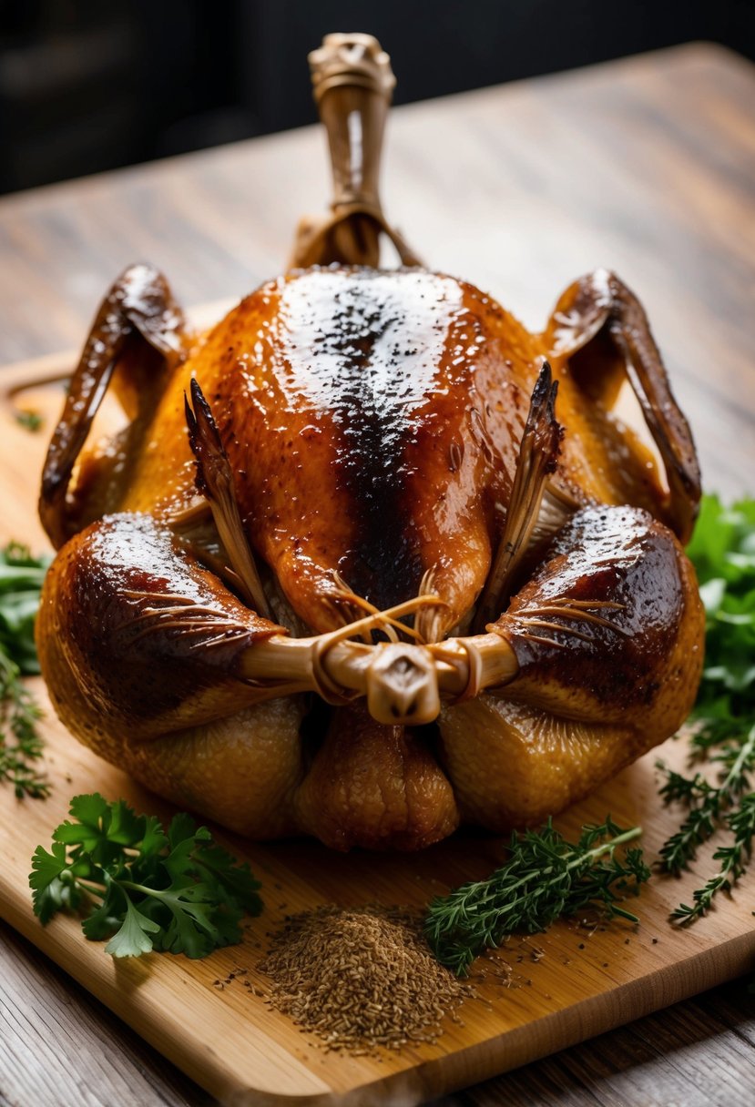 A whole roasted Peking duck, glistening and crispy, surrounded by aromatic herbs and spices on a wooden cutting board