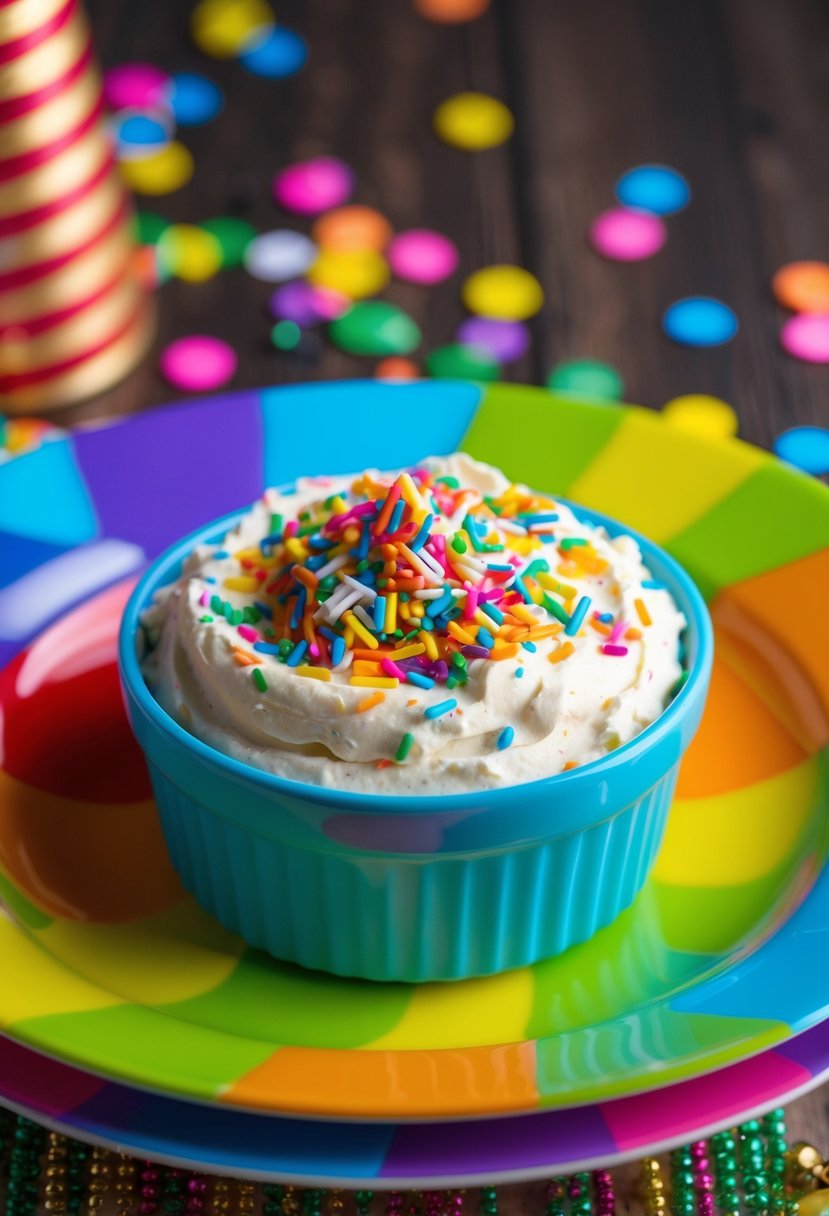 A vibrant bowl of cream cheese dip topped with rainbow confetti sprinkles on a festive table setting