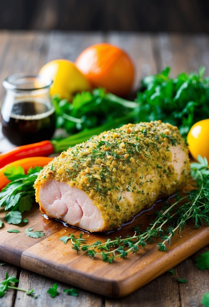 A golden-brown pork tenderloin, coated in a fragrant herb crust, rests on a rustic wooden cutting board, surrounded by fresh herbs and colorful vegetables