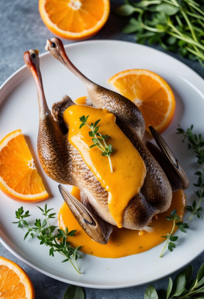 A duck with orange sauce on a white plate, surrounded by sliced oranges and sprigs of fresh herbs