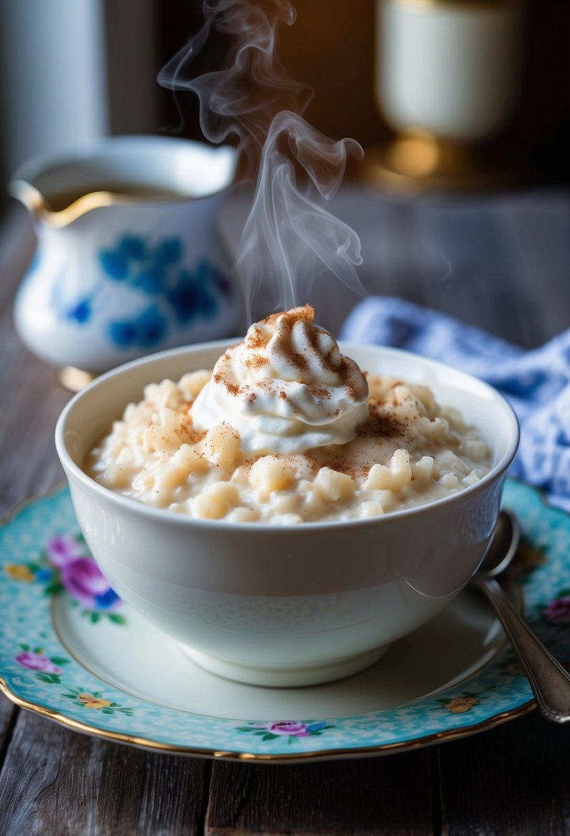 A steaming bowl of creamy rice pudding topped with a sprinkle of cinnamon and a dollop of whipped cream, served on a vintage dessert plate