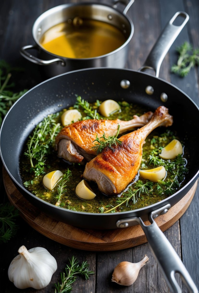 A sizzling skillet holds crispy duck leg surrounded by herbs and garlic cloves. A pot of rendered duck fat sits nearby