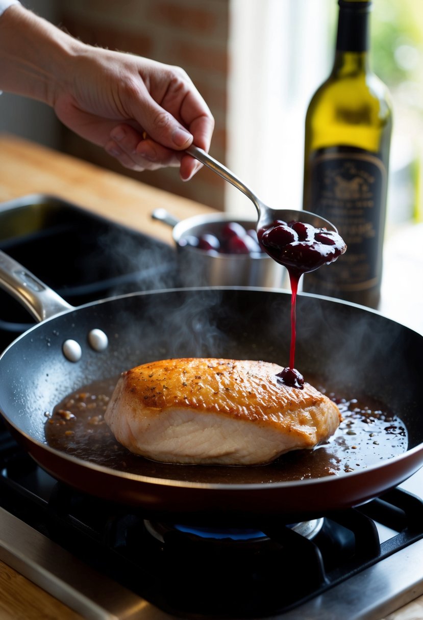 A sizzling duck breast is being seared in a pan, while a rich cherry sauce simmers on the stove beside it