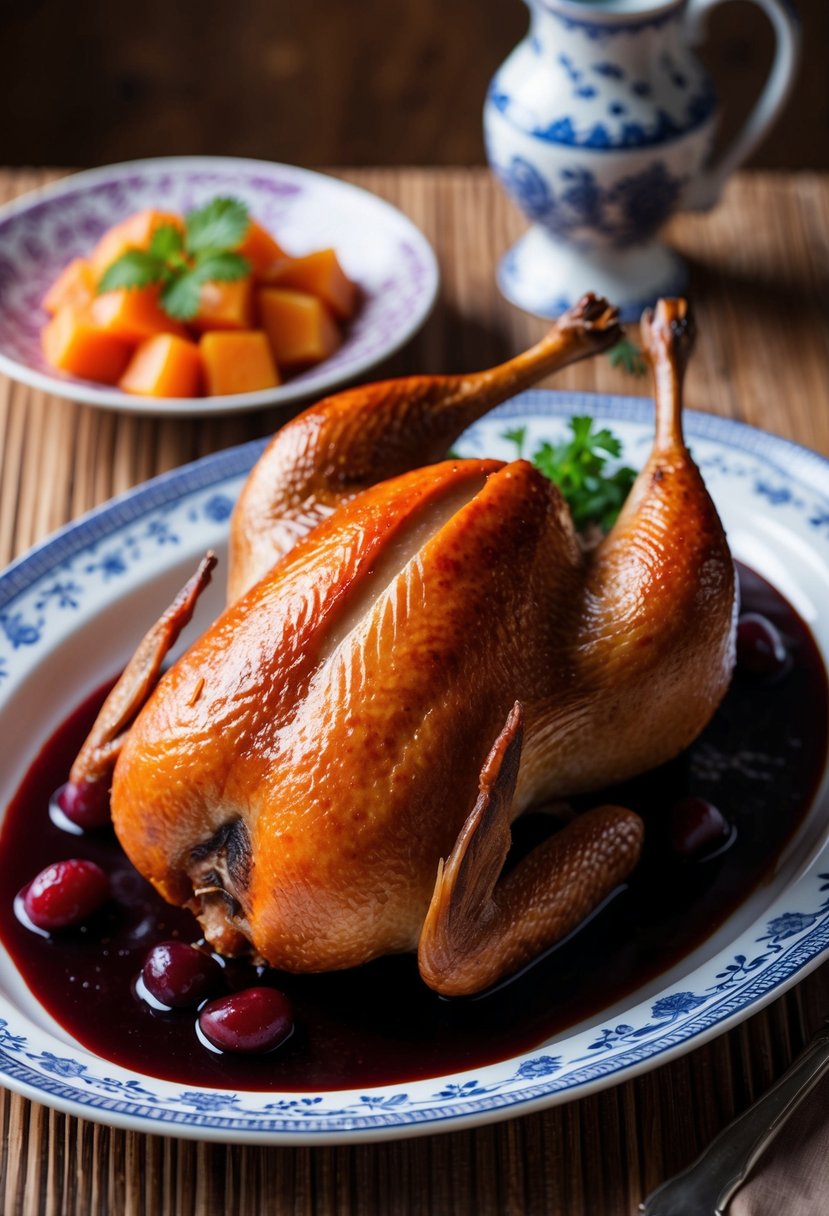 A whole roasted duck with plum sauce on a decorative serving platter