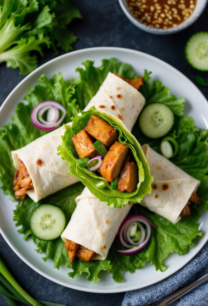 A plate of hoisin duck wraps surrounded by fresh lettuce, cucumber, and spring onions