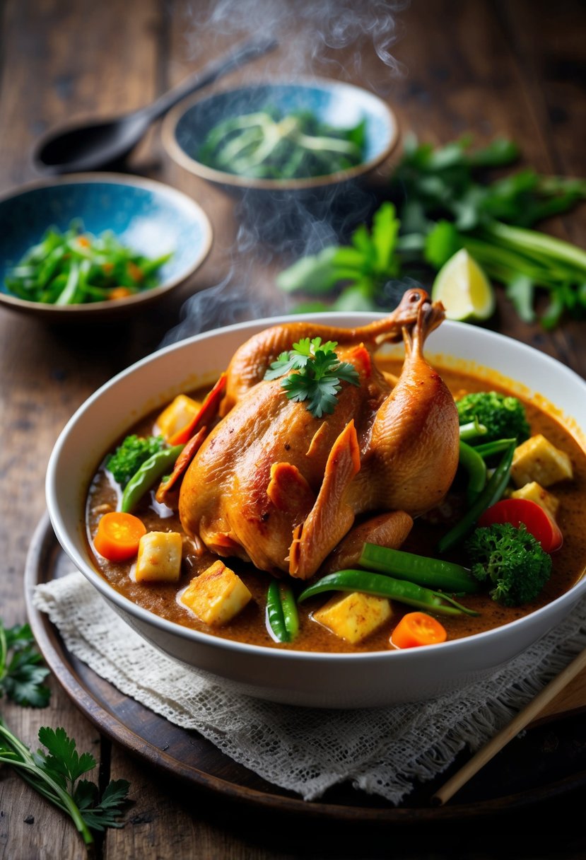 A steaming bowl of Thai red curry duck, surrounded by vibrant vegetables and fragrant herbs, sits on a rustic wooden table