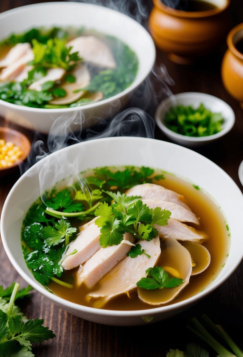 A steaming bowl of Vietnamese Duck Pho with fragrant herbs and tender slices of duck floating in a rich, flavorful broth