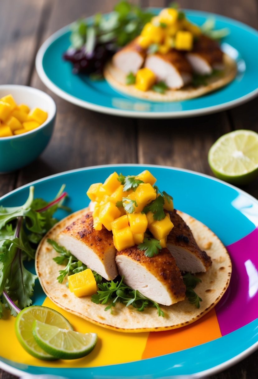 A colorful plate with duck tacos topped with vibrant mango salsa and a side of fresh greens