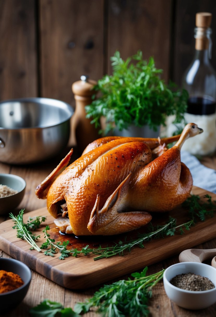 A rustic kitchen with a golden-brown roasted duck on a wooden cutting board, surrounded by fresh herbs and spices