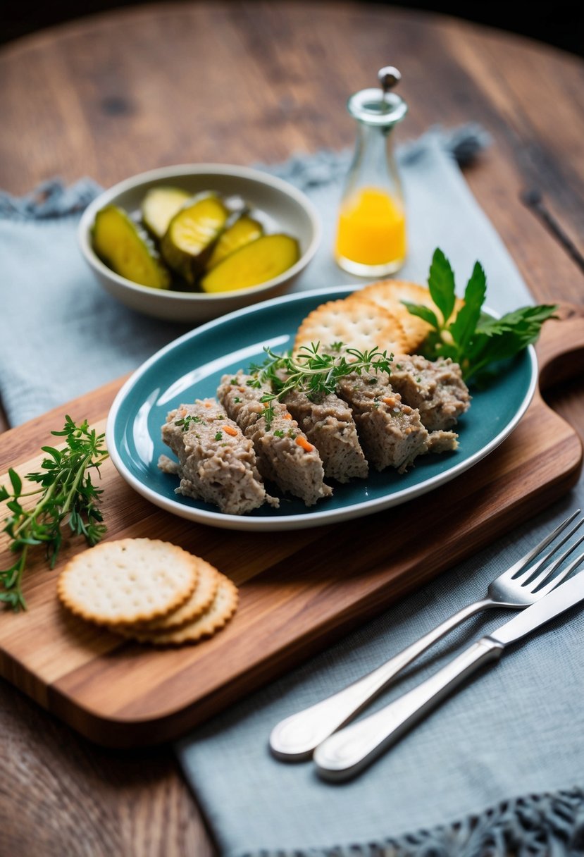 A plate of duck rillettes with a side of crackers on a wooden serving board, accompanied by a small dish of pickles and a sprig of fresh herbs