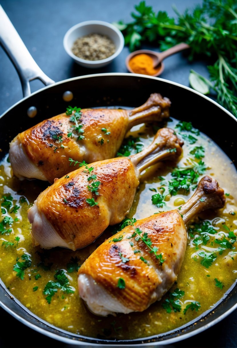 A sizzling skillet of duck legs simmering in a fragrant white wine sauce, surrounded by fresh herbs and aromatic spices