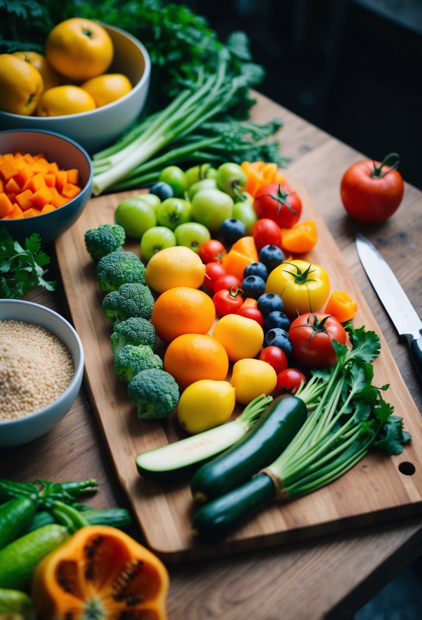 A colorful array of fresh vegetables and fruits arranged on a wooden cutting board, with a knife and a bowl of grains nearby