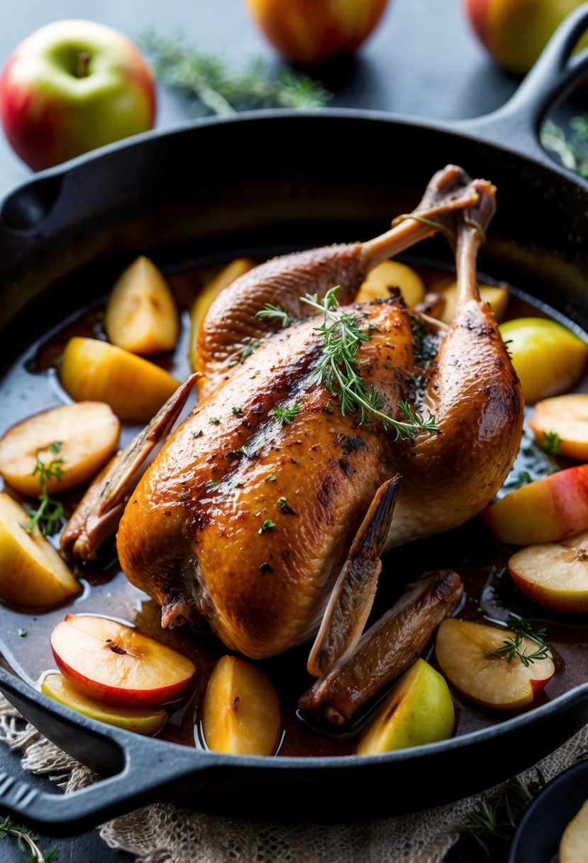 A succulent braised duck surrounded by caramelized apples and herbs in a cast iron skillet