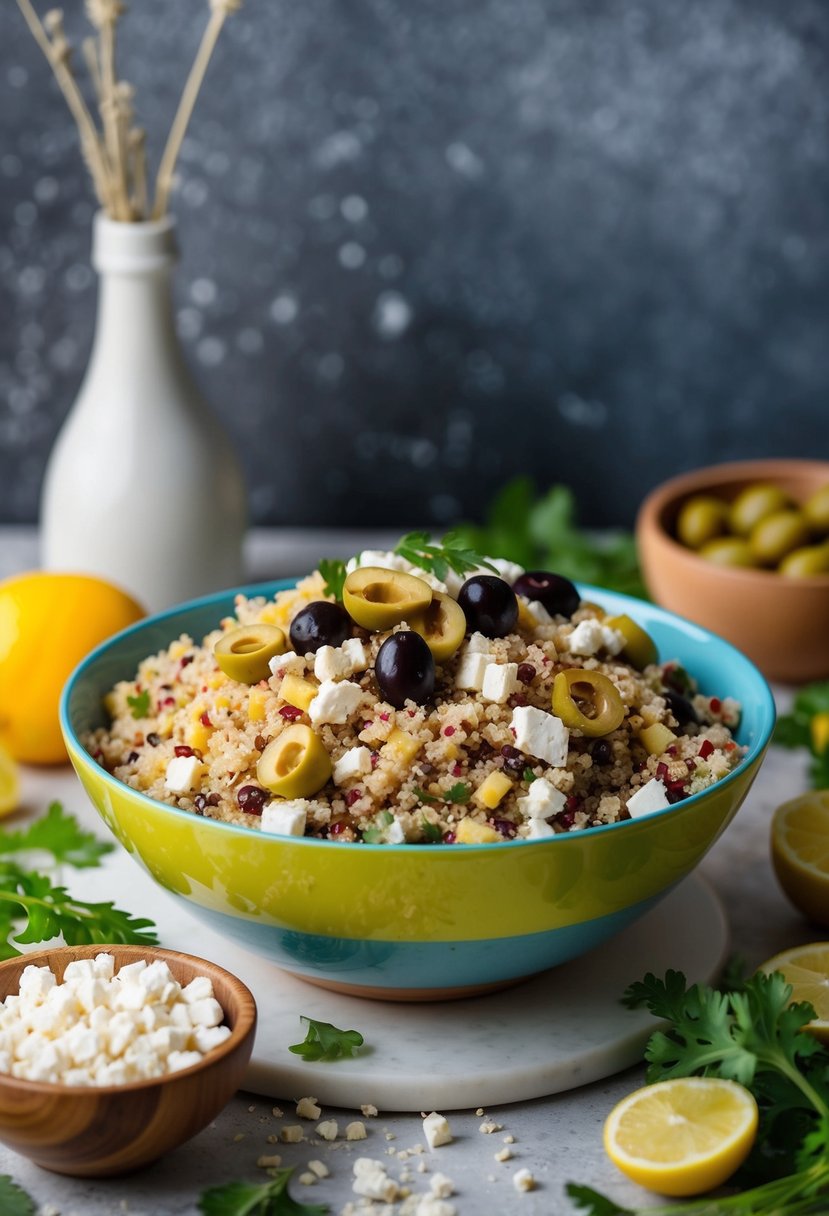 A colorful bowl of quinoa salad topped with crumbled feta and sliced olives, surrounded by fresh ingredients and a simple, rustic backdrop