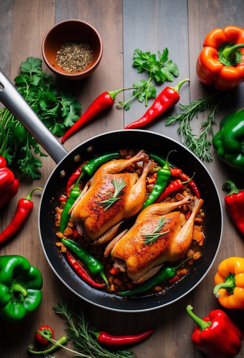 A sizzling pan of spicy duck with chilies, surrounded by vibrant red and green peppers and aromatic herbs