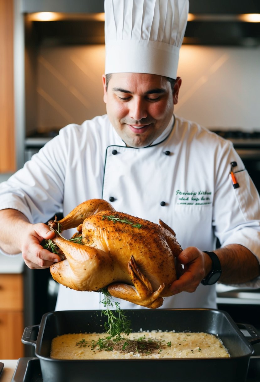 A chef seasoning a whole chicken with herbs and spices before placing it in the oven