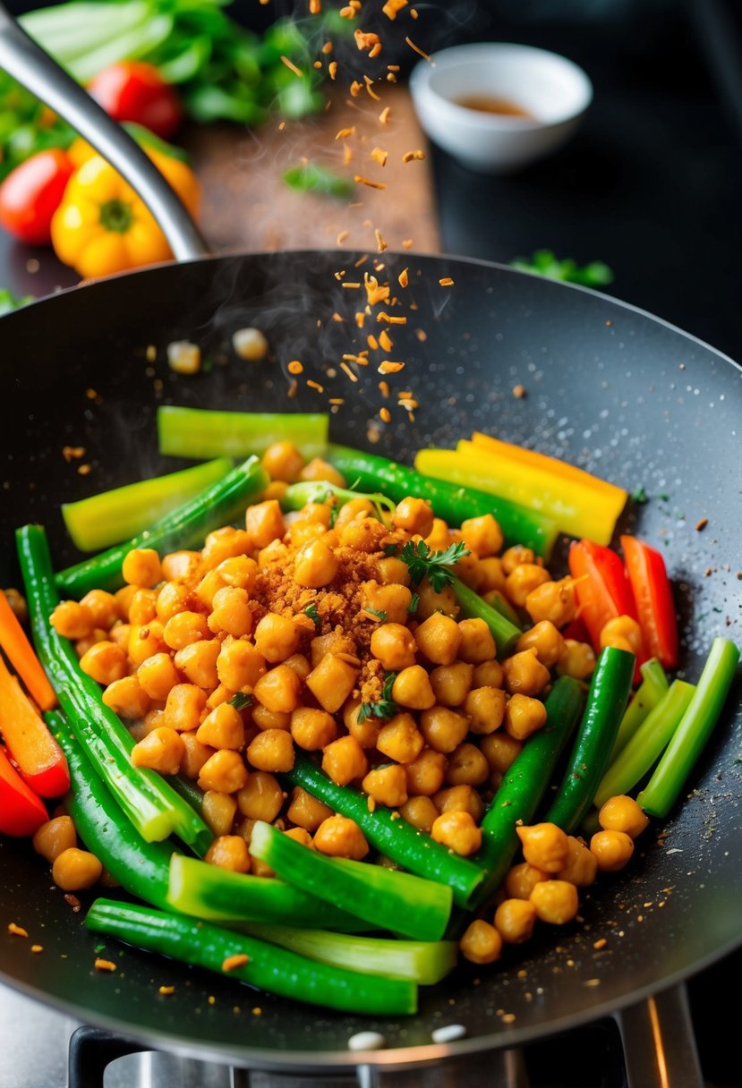 A colorful array of fresh vegetables and chickpeas sizzling in a wok, emitting aromatic spices