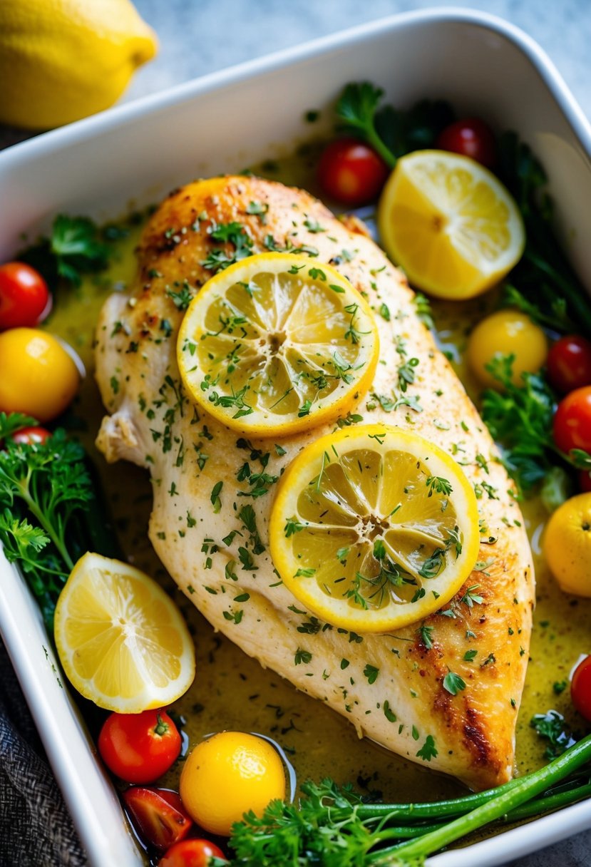 A golden-brown chicken breast, coated in zesty lemon and fragrant herbs, sizzling in a baking dish surrounded by colorful vegetables