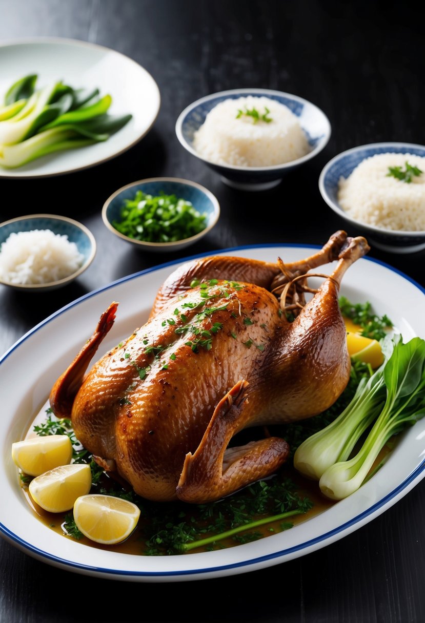 A whole Cantonese Roast Duck on a serving platter, garnished with fresh herbs and surrounded by steamed bok choy and jasmine rice