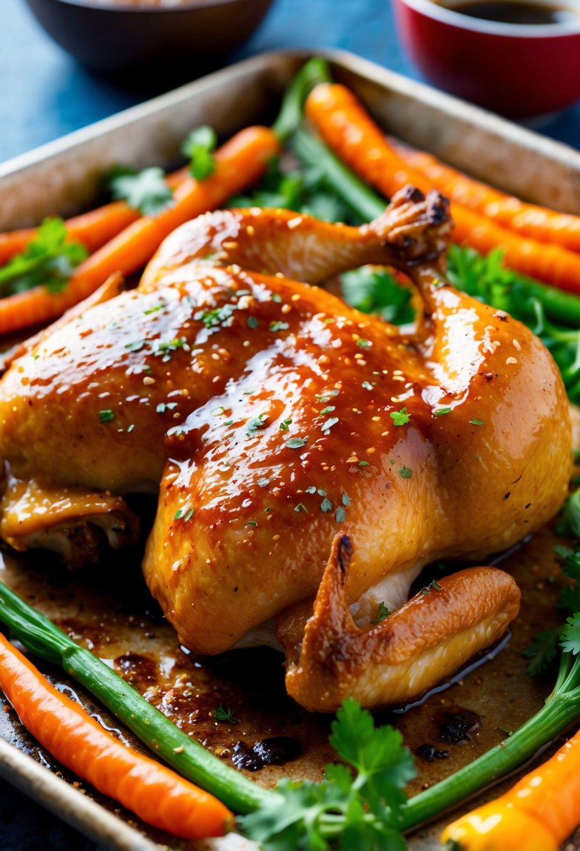 A sizzling chicken coated in a glossy honey-sriracha glaze, surrounded by vibrant vegetables and herbs on a baking sheet