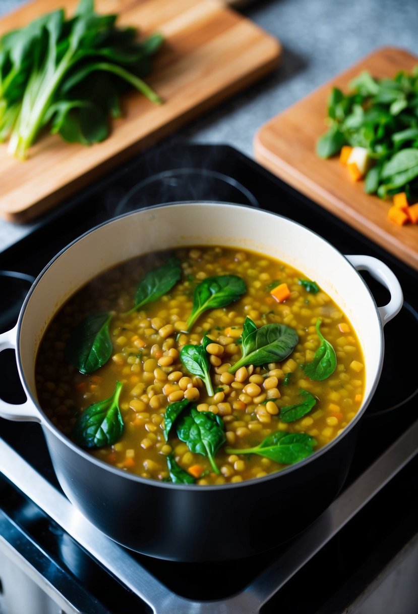 A pot of lentil soup simmers on the stove, spinach leaves float on the surface. A cutting board with chopped vegetables sits nearby