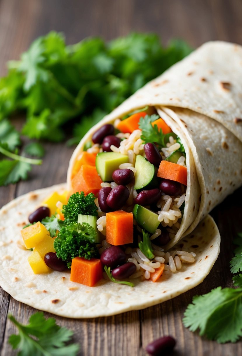 A colorful array of fresh vegetables, beans, and rice spill out from a tortilla, ready to be wrapped into a healthy, veggie-packed burrito