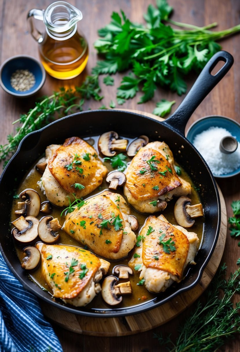 A sizzling skillet of chicken and mushrooms simmering in a savory sherry sauce, surrounded by fresh herbs and spices