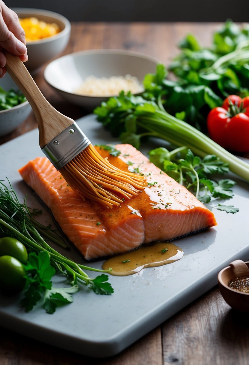 A salmon fillet being brushed with honey-soy glaze, surrounded by fresh vegetables and herbs on a cutting board