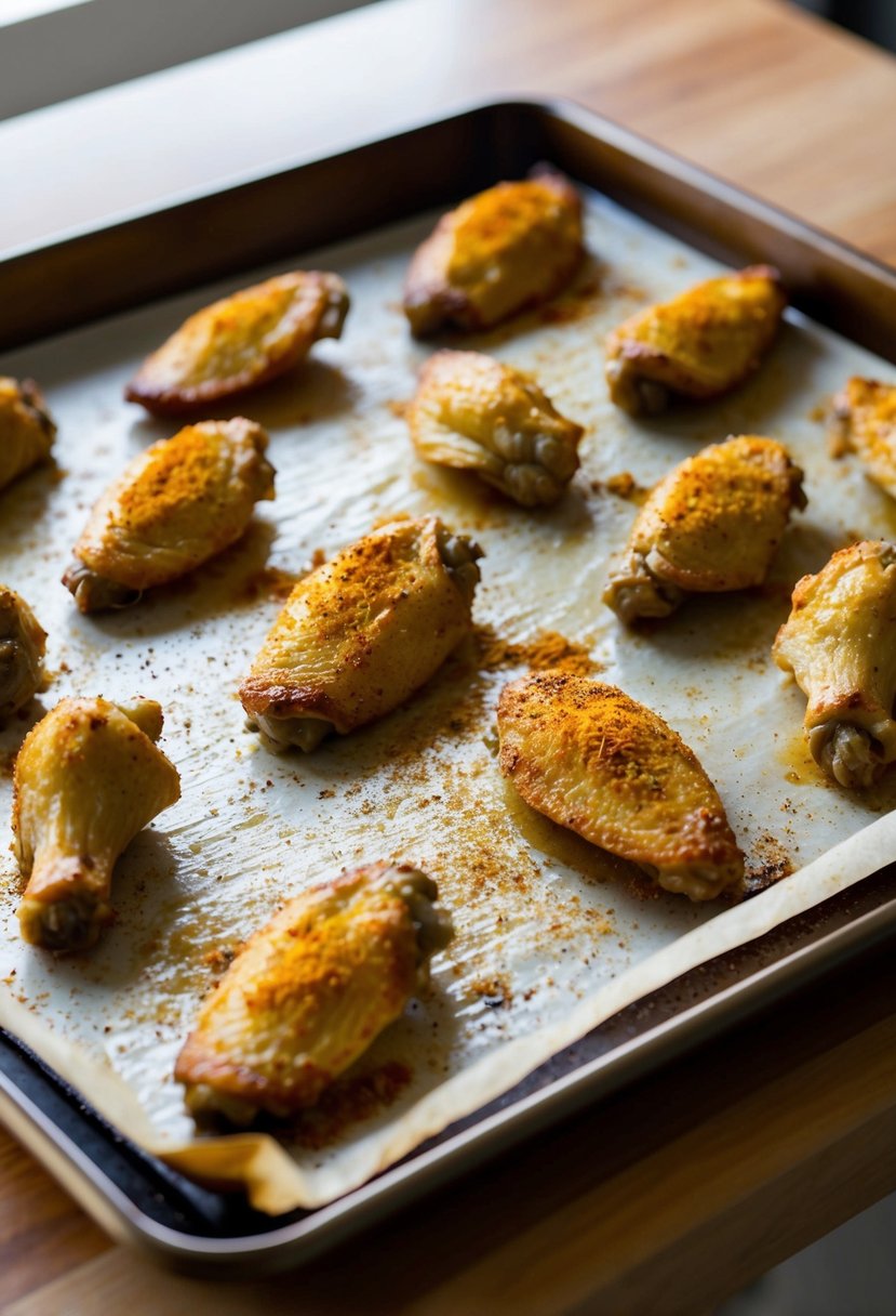 A baking sheet lined with garlic paprika baked wings fresh out of the oven